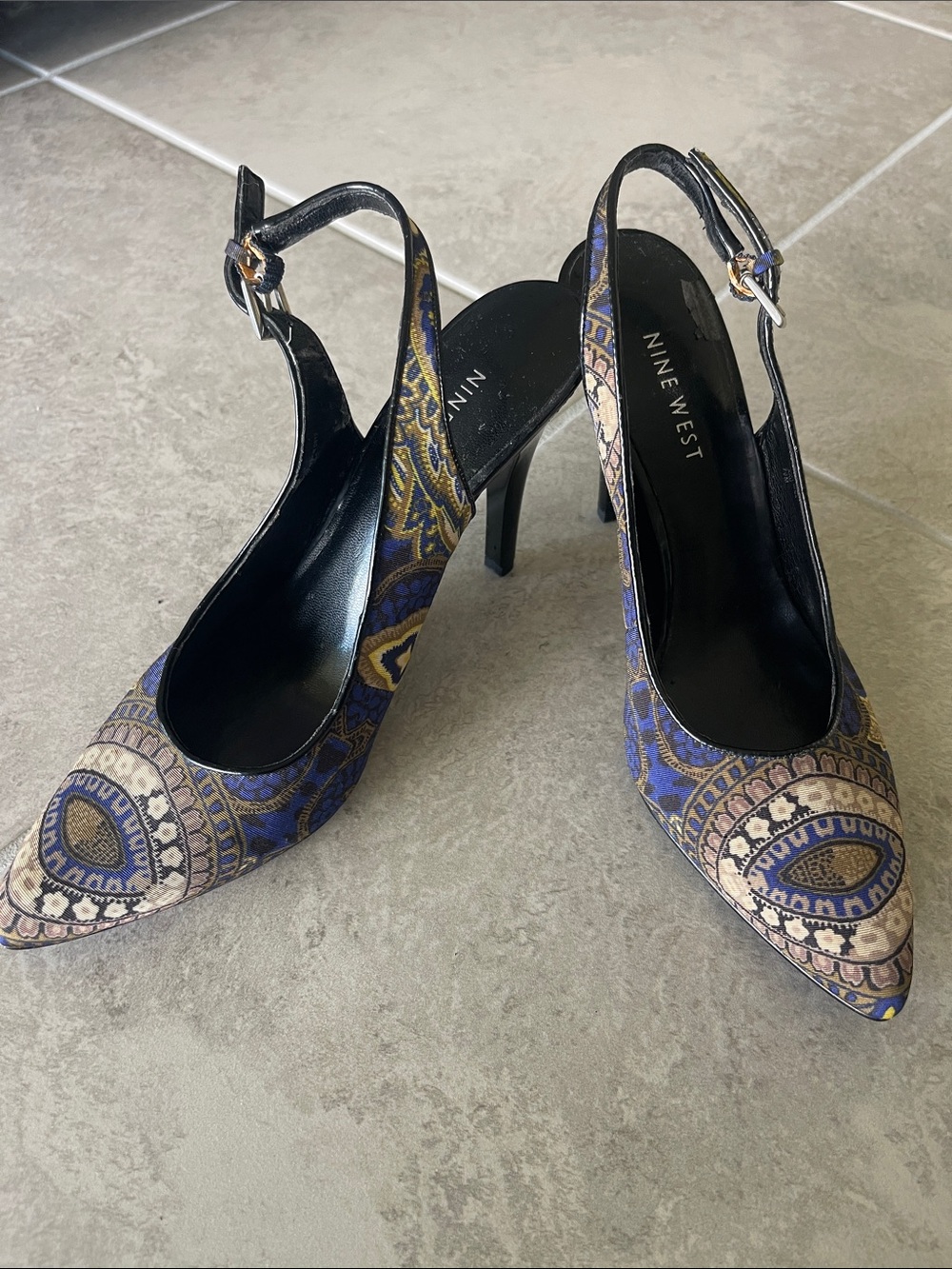 Nine West Blue and Tan Patterned Slingback Pointed Heels